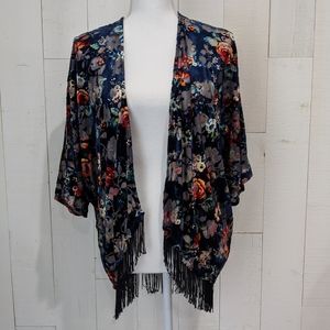 Mauve Brand Velvet Burnout Floral Fringe Kimono